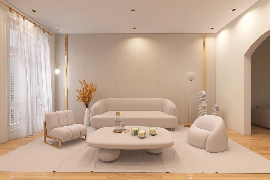 Salon minimaliste au design épuré, parfait pour illustrer comment repérer un dossier de location falsifié par IA en 2026.