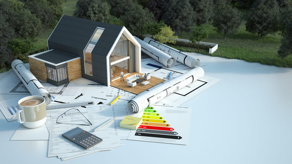 Maquette de maison moderne sur des plans architecturaux avec un diagnostic DPE classé G, illustrant une location de passoire thermique