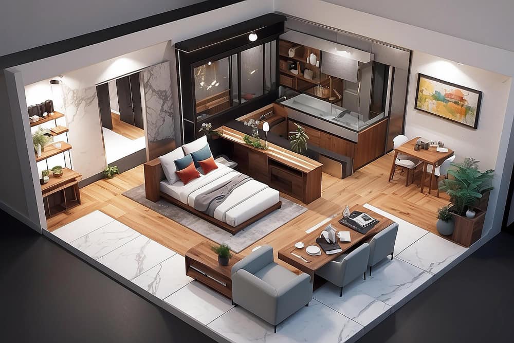 Salon moderne avec murs gris texturés et canapé clair, illustrant un aménagement intérieur minimaliste et chaleureux