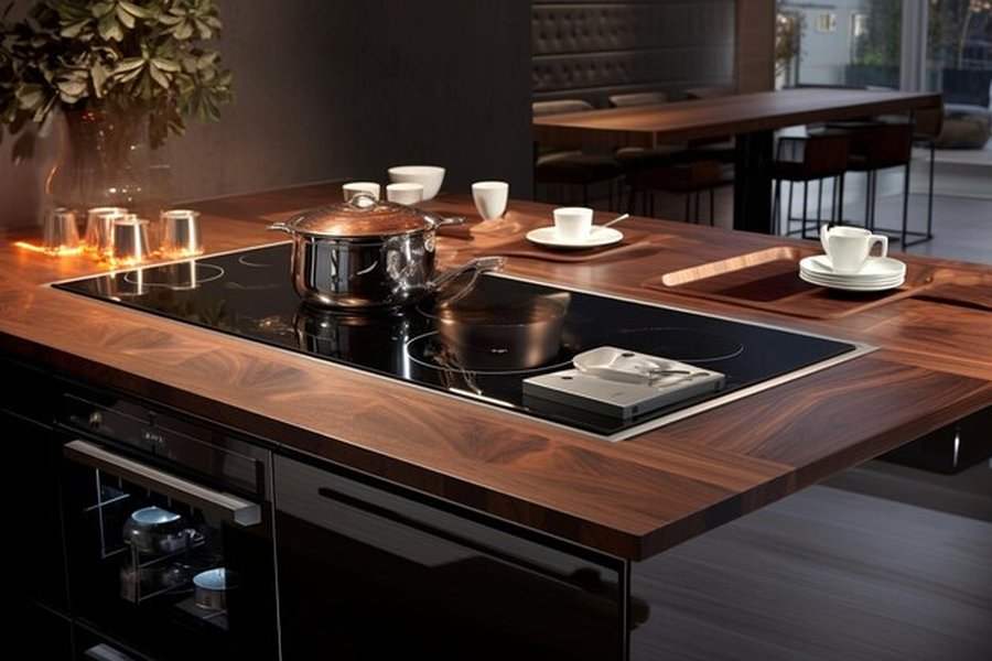 Plan de travail en bois massif avec plaque à induction intégrée pour un aménagement petite cuisine haut de gamme.