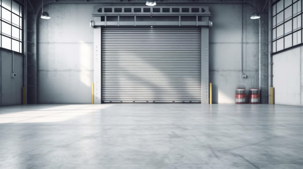Intérieur spacieux d'un garage moderne avec une porte de service à enroulement et un sol en béton poli