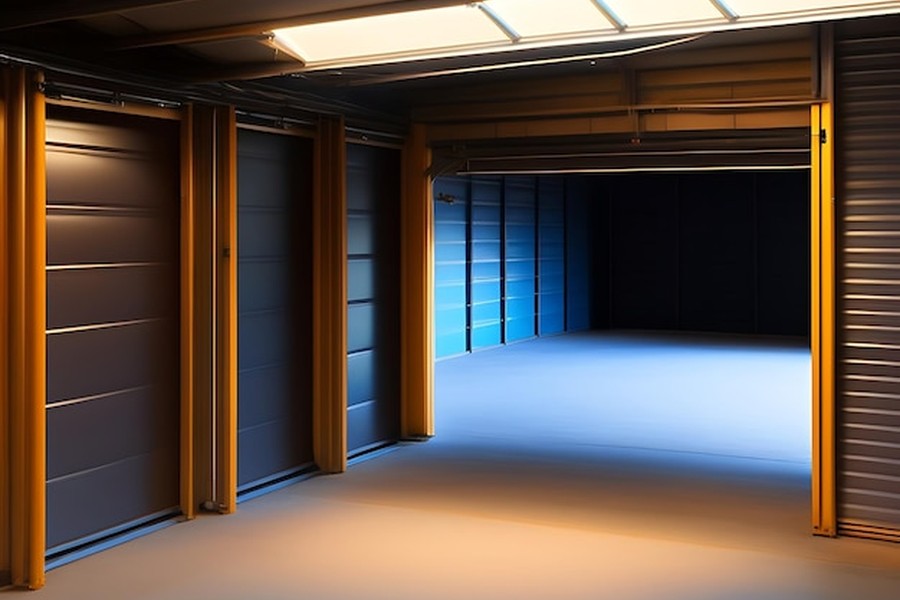 Une porte garage sectionnelle industrielle installée dans un vaste entrepôt moderne avec des finitions métalliques.