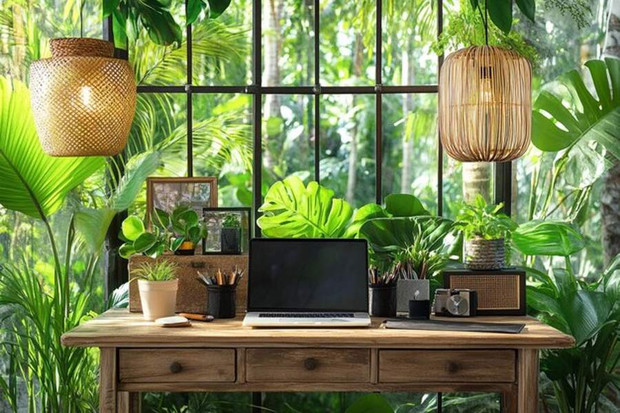 Un bureau en bois rustique avec un ordinateur portable entouré de plantes tropicales luxuriantes, illustrant des mobiliers de bureau intégrés dans la nature.