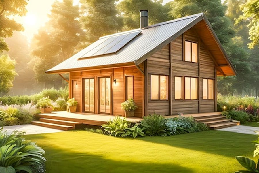 Maison en bois écologique avec panneaux solaires en pleine forêt, une construction durable soumise à l'obtention d'un permis de construire.